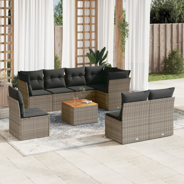 9 pcs conjunto sofás p/ jardim com almofadões vime PE cinzento D