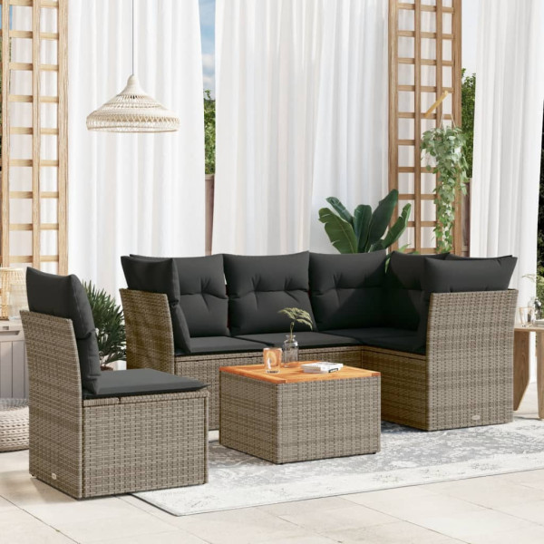 6 pcs conjunto sofás de jardim com almofadões vime cinzento D