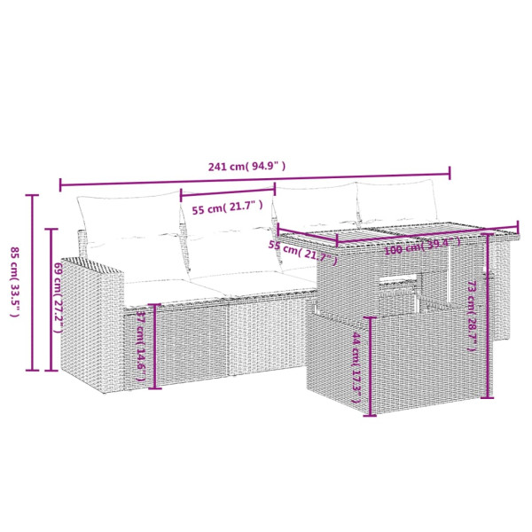 Set de muebles de jardín 5 pzas y cojines ratán sintético negro M 3