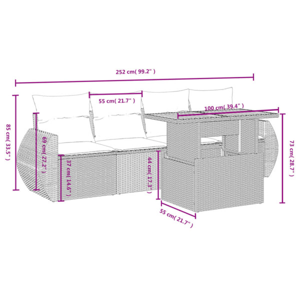 5 pcs conjunto sofás de jardim com almofadões vime PE preto M 3