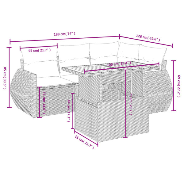 Set de muebles de jardín 5 pzas y cojines ratán sintético negro M 3