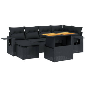 Set de comedor de jardín 7 pzas y cojines ratán sintético negro H