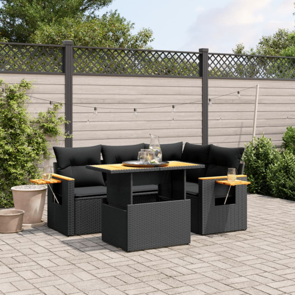 5 pcs conjunto sofás de jardim com almofadões vime PE preto D