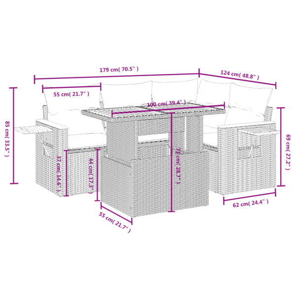 5 pcs conjunto sofás de jardim com almofadões vime PE preto M 3