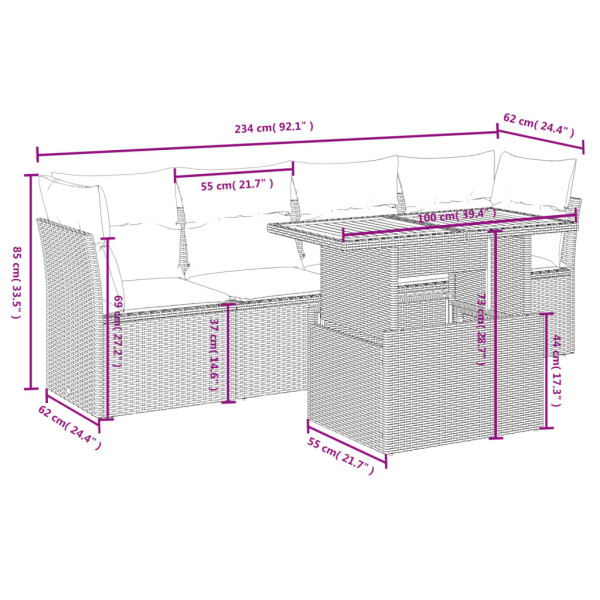Set de muebles de jardín 5 pzas y cojines ratán sintético negro M 3