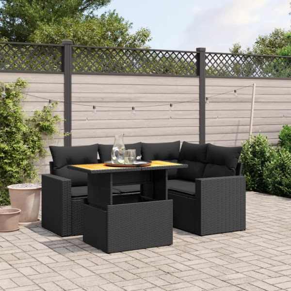 Set de muebles de jardín 5 pzas y cojines ratán sintético negro D