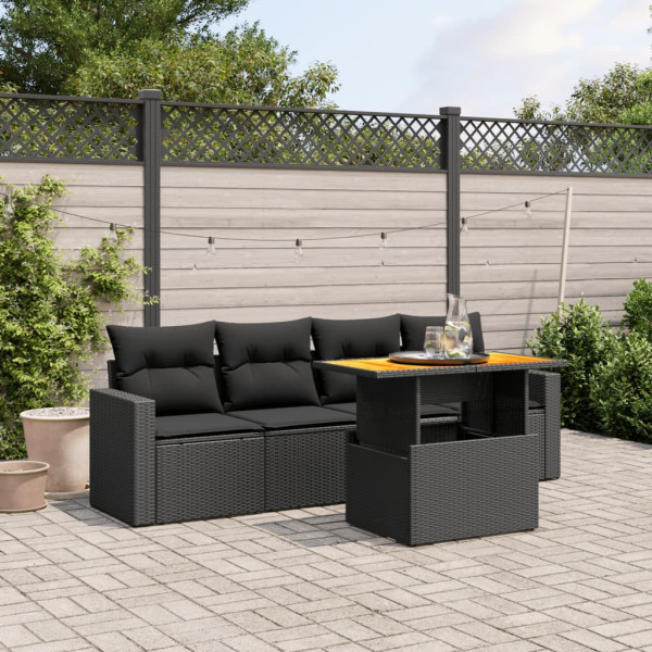 Set de muebles de jardín 5 pzas y cojines ratán sintético negro D