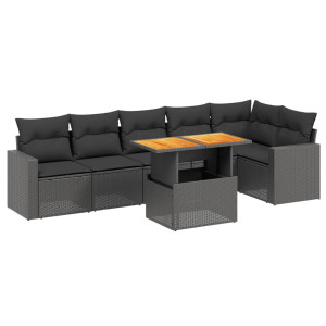 Set de comedor de jardín 7 pzas y cojines ratán sintético negro H