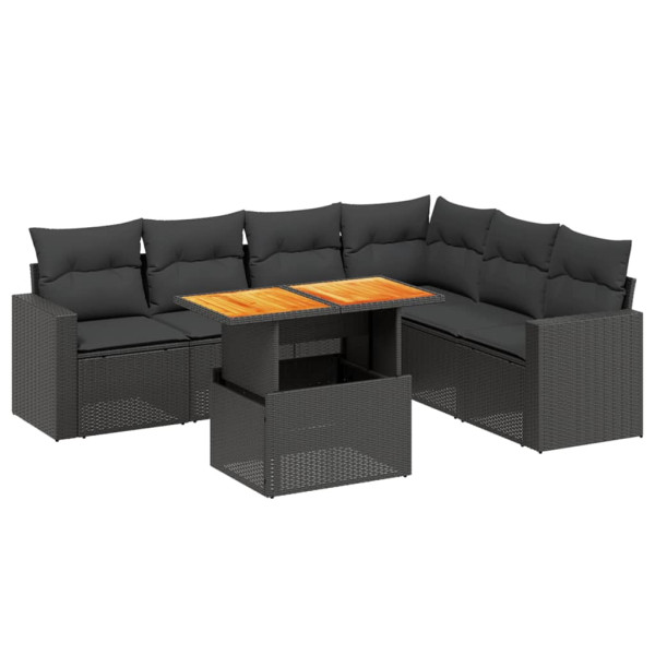 Set de comedor de jardín 7 pzas y cojines ratán sintético negro M 2