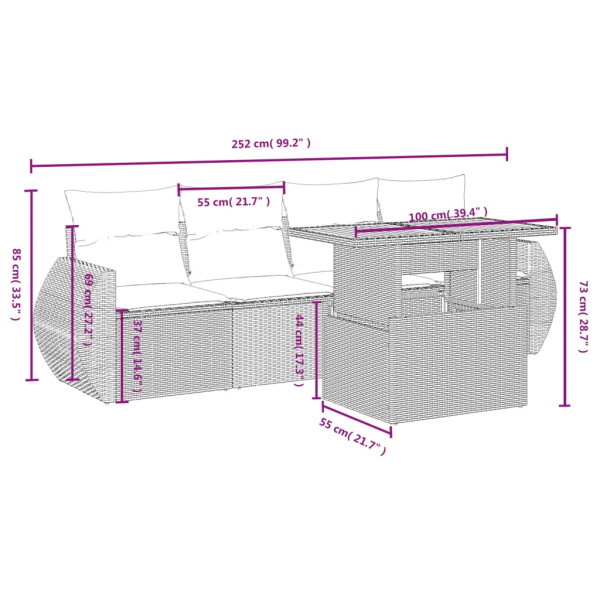 Set de muebles de jardín 5 pzas y cojines ratán sintético negro M 3