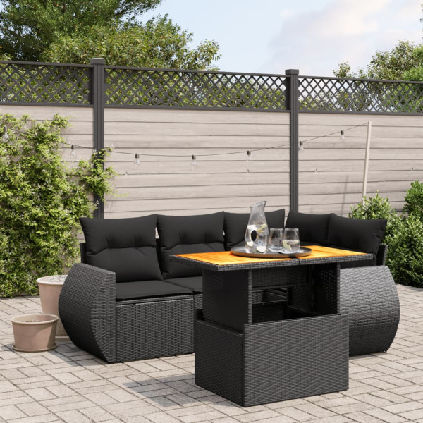 5 pcs conjunto sofás de jardim com almofadões vime PE preto D