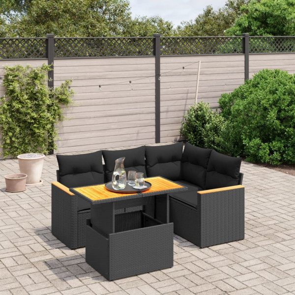 Set de muebles de jardín 5 pzas y cojines ratán sintético negro D