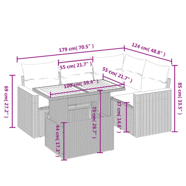 5 pcs conjunto sofás de jardim com almofadões vime PE preto M 3