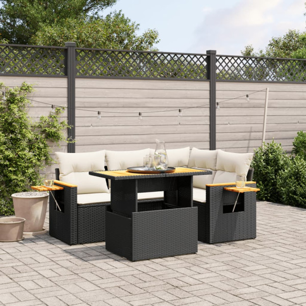 5 pcs conjunto sofás de jardim com almofadões vime PE preto D