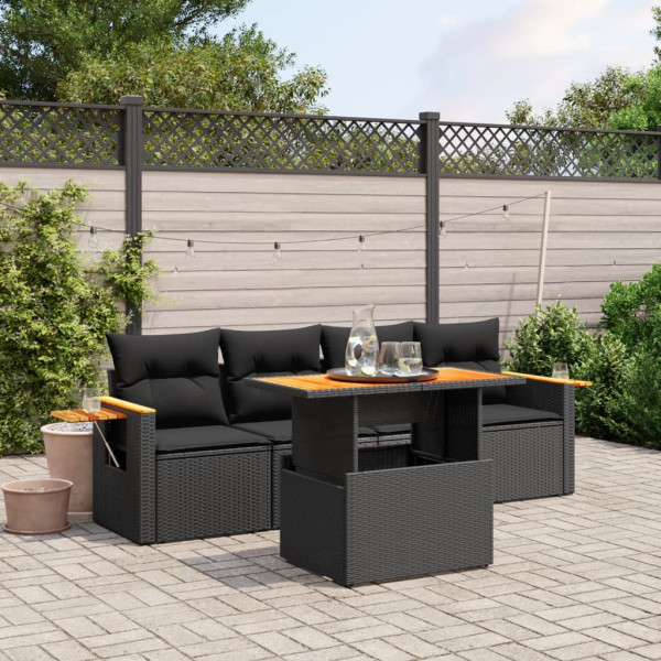 Set de muebles de jardín 5 pzas y cojines ratán sintético negro D