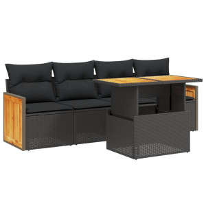 5 pcs conjunto sofás de jardim com almofadões vime PE preto H