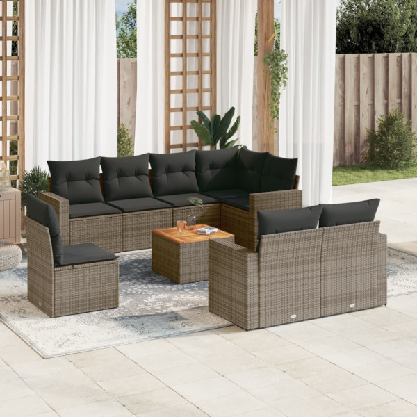 Set de muebles de jardín 9 pzas y cojines ratán sintético gris D