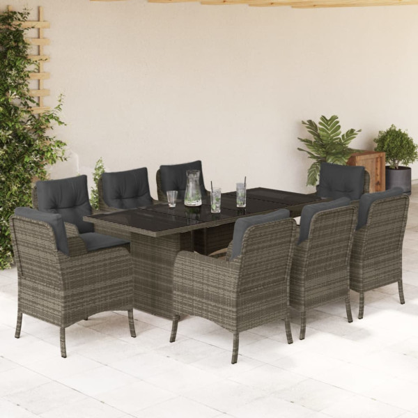 Set comedor jardín 9 pzas y cojines ratán sintético gris D