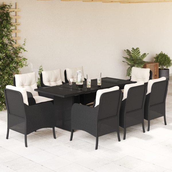 9 pcs conjunto de jantar p/ jardim c/ almofadões vime PE preto D