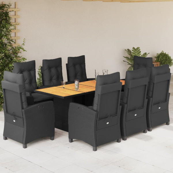 Set de comedor de jardín 9 pzas y cojines ratán sintético negro D