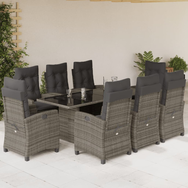 Set comedor jardín 9 pzas y cojines ratán sintético gris D