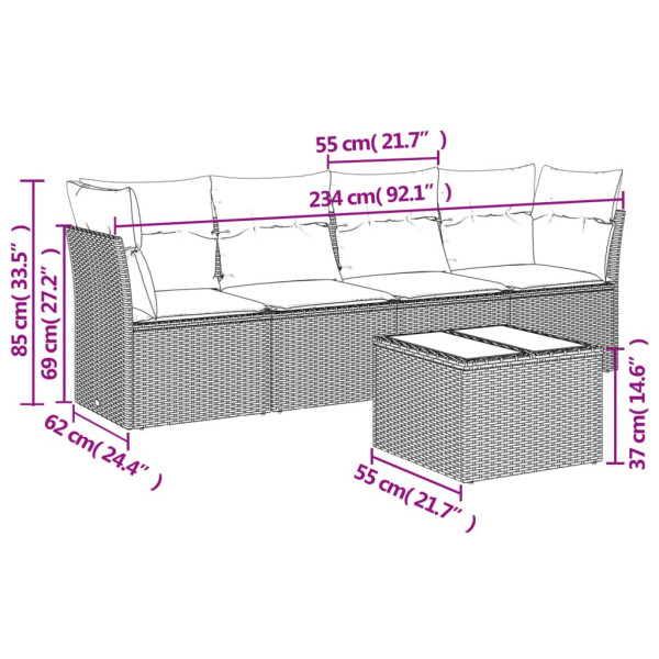 5 pcs conjunto sofás de jardim com almofadões vime PE preto M 3