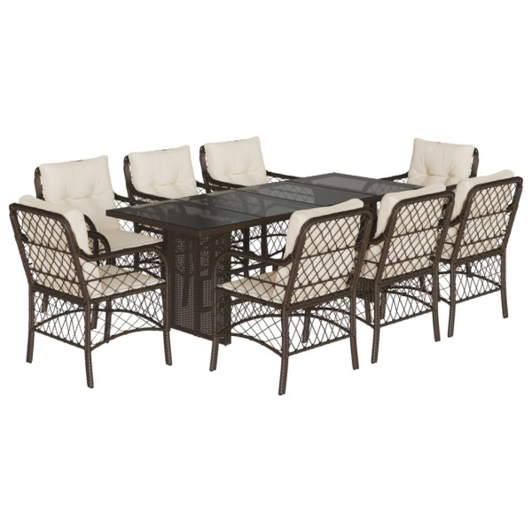 Set comedor para jardín 9 pzas y cojines ratán sintético marrón M 2