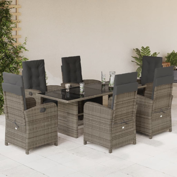 Set comedor jardín 7 pzas y cojines ratán sintético gris D