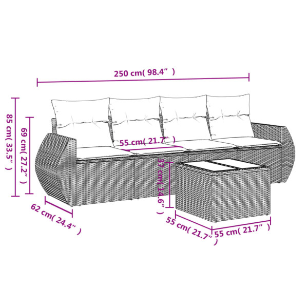 Set de muebles de jardín 5 pzas y cojines ratán sintético negro M 3