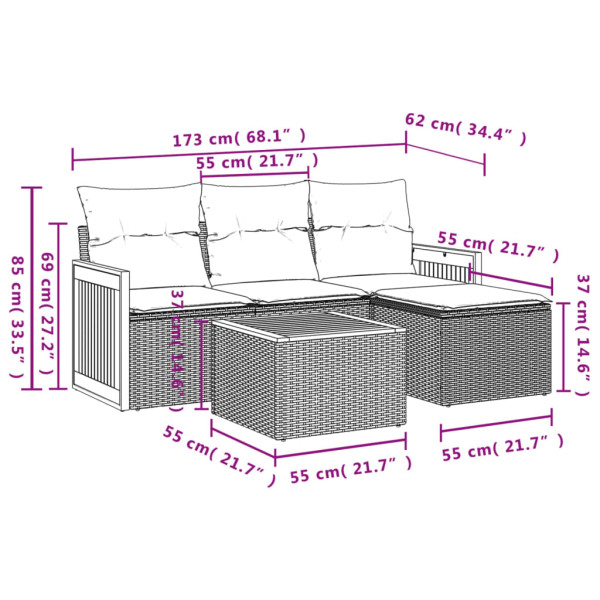 5 pcs conjunto sofás de jardim com almofadões vime PE preto M 3