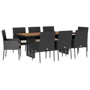 Set de comedor de jardín 9 pzas y cojines ratán sintético negro H