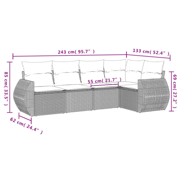 Set de muebles de jardín 5 pzas y cojines ratán sintético negro M 3