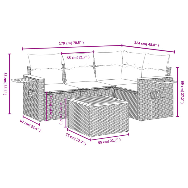 5 pcs conjunto sofás de jardim com almofadões vime PE preto M 3