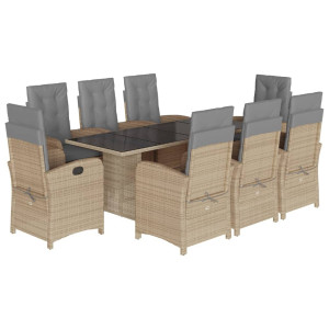 Set comedor de jardín 9 pzas con cojines ratán sintético beige H