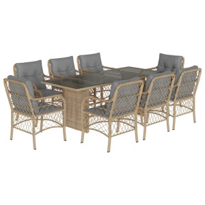 Set comedor de jardín 9 pzas con cojines ratán sintético beige H