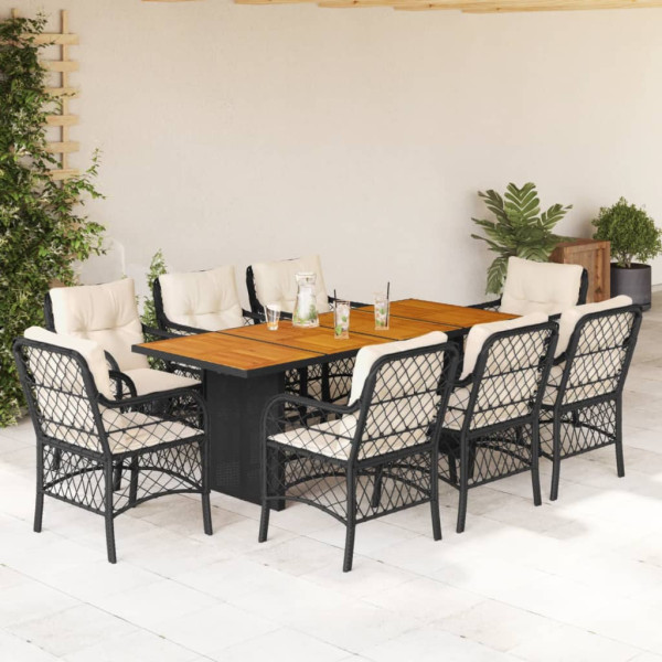 Set de comedor de jardín 9 pzas y cojines ratán sintético negro D