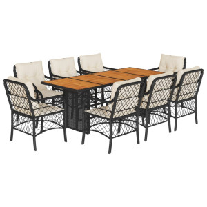 Set de comedor de jardín 9 pzas y cojines ratán sintético negro H