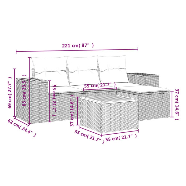 Set de muebles de jardín 5 pzas y cojines ratán sintético negro M 3