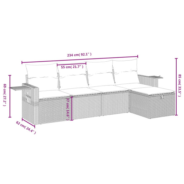 Set de muebles de jardín 5 pzas y cojines ratán sintético negro M 3