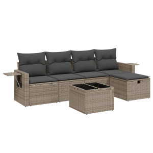 6 pcs conjunto sofás de jardim com almofadões vime cinzento H
