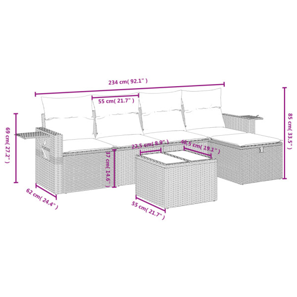 6 pcs conjunto sofás de jardim com almofadões vime cinzento M 3