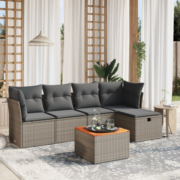 Set de muebles de jardín 6 pzas y cojines ratán sintético gris D