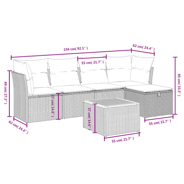6 pcs conjunto sofás de jardim com almofadões vime cinzento M 3