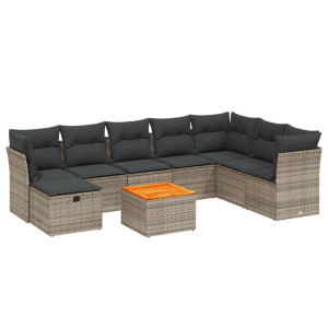 9 pcs conjunto sofás p/ jardim com almofadões vime PE cinzento H