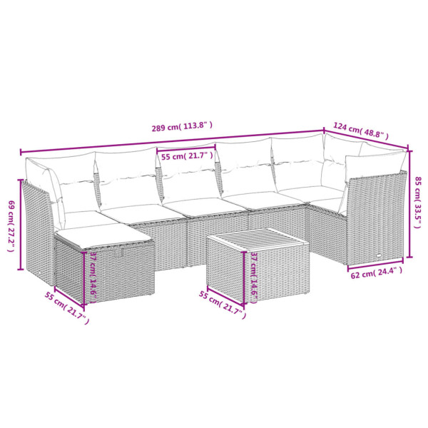 9 pcs conjunto sofás p/ jardim com almofadões vime PE cinzento M 3