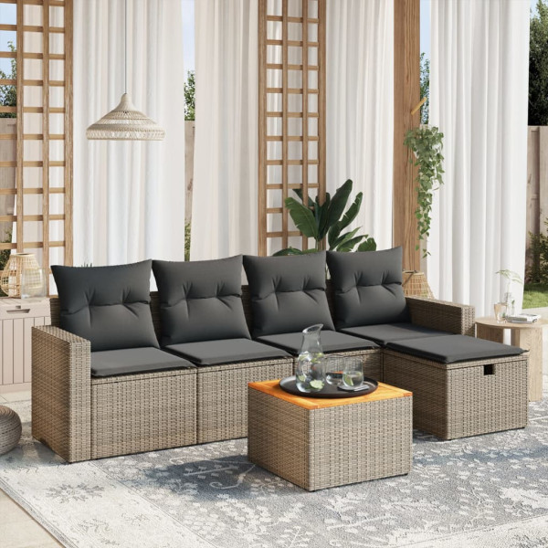 6 pcs conjunto sofás de jardim com almofadões vime cinzento D