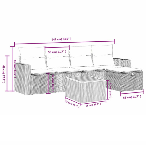 6 pcs conjunto sofás de jardim com almofadões vime cinzento M 3