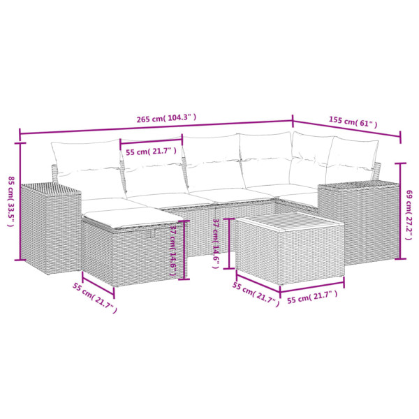 7 pcs conjunto de sofás p/ jardim c/ almofadões vime PE preto M 3