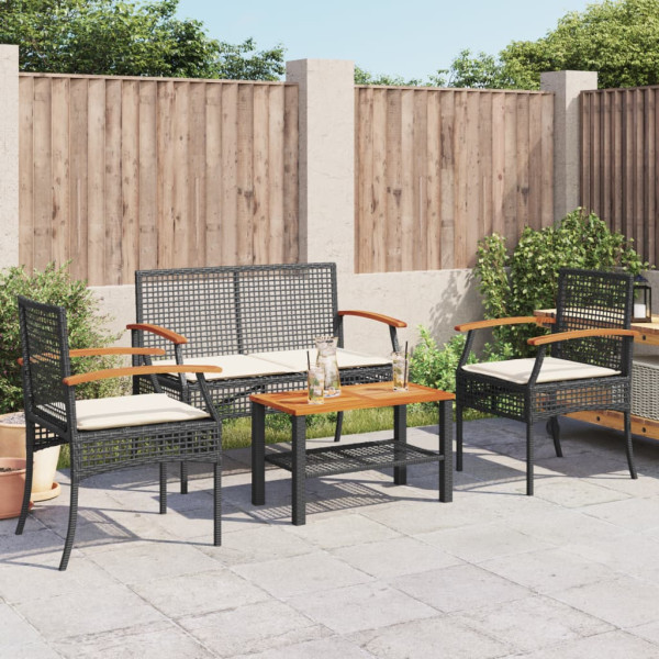 4 pcs conjunto lounge de jardim c/ almofadões vime PE preto M 3