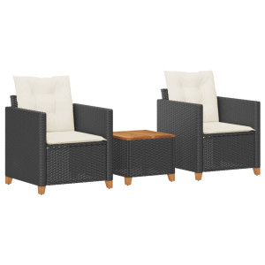 Conjunto de bistrô com almofadões 3 pcs vime PE e acácia preto H